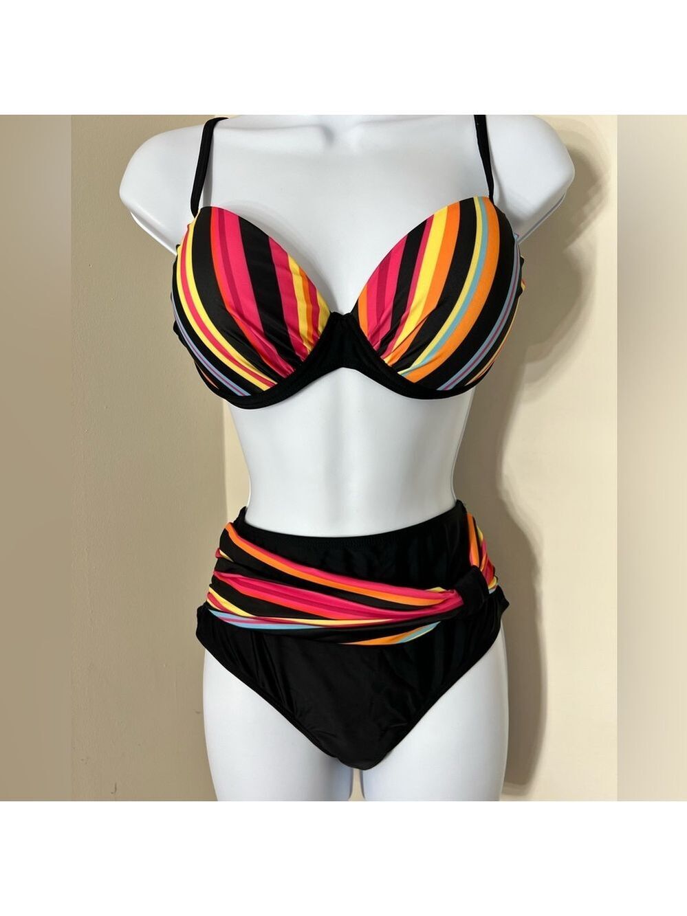 Multicolor Striped Push Up High Waisted Bikini